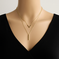 V & I shaped pendant double chain necklace 18K stainless steel