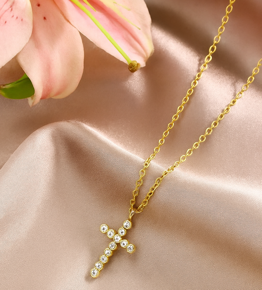 Crystal Cross Pendant Necklace 18K Gold Plated Stainless Steel