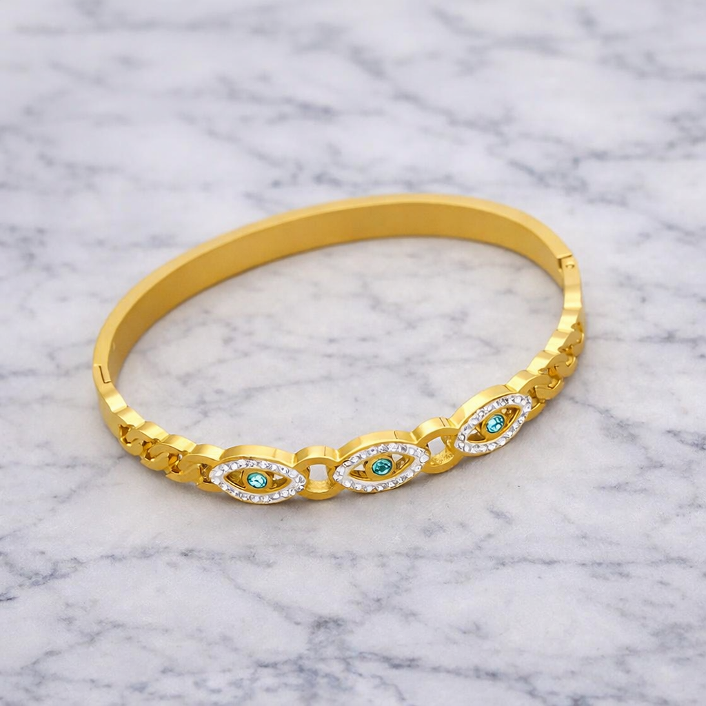 Evil Eye Blue/White Crystals Openable Bracelet 18K Gold Plated Stainless Steel