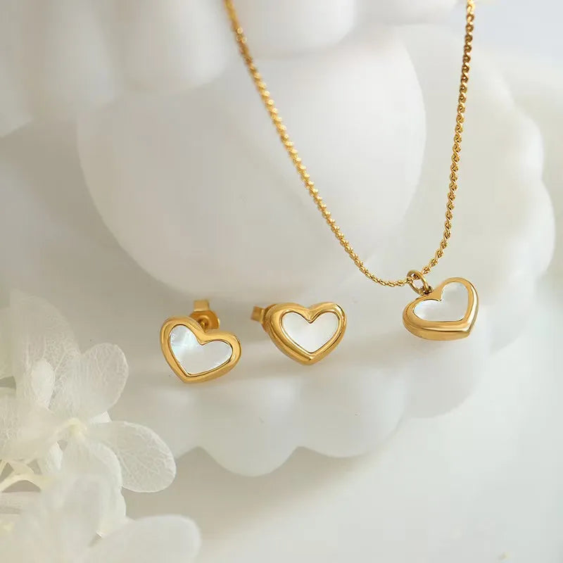 Milky white heart shaped Earrings and pendant necklace set 18k Gold plated stainless steel