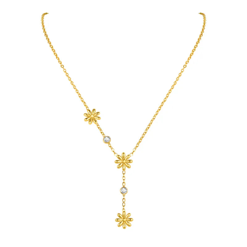 Flower and crystal pendant necklace 18K Gold Plated Stainless Steel