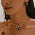 Black colored four petal Pendant Necklace 18K Gold Plated stainless Steel