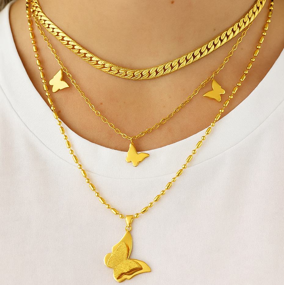 Butterfly pendant 3 layered necklace 18K Gold Plated Stainless Steel